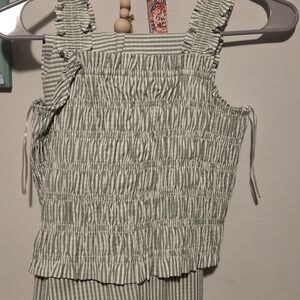 LG Green and White Striped Top with Smocked Detail